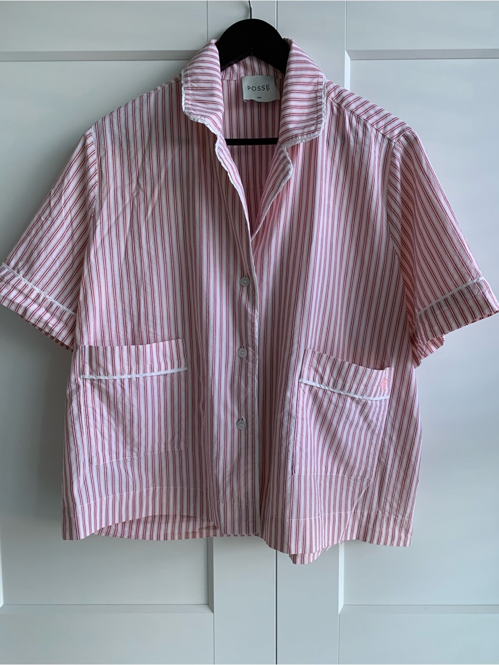 Posse Pink & White Striped Short Sleeve Button sleep shirt size XXS oversized